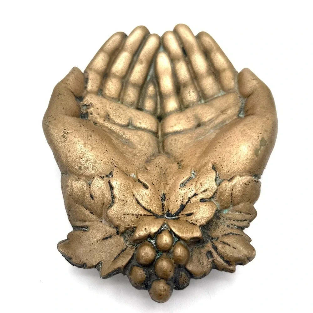 Bronzed Cast Iron Cupped Hands Dish w/ Grapes & Leaves 7